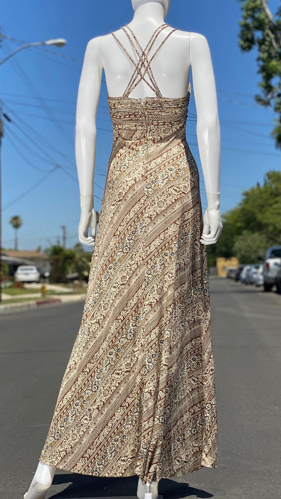 70s Brown Floral Strappy Maxi